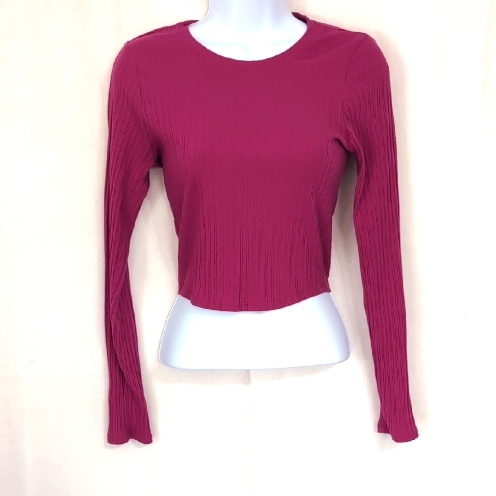 Bozzolo Berry Pink Ribbed Long Sleeve Cropped Tee Size Medium
